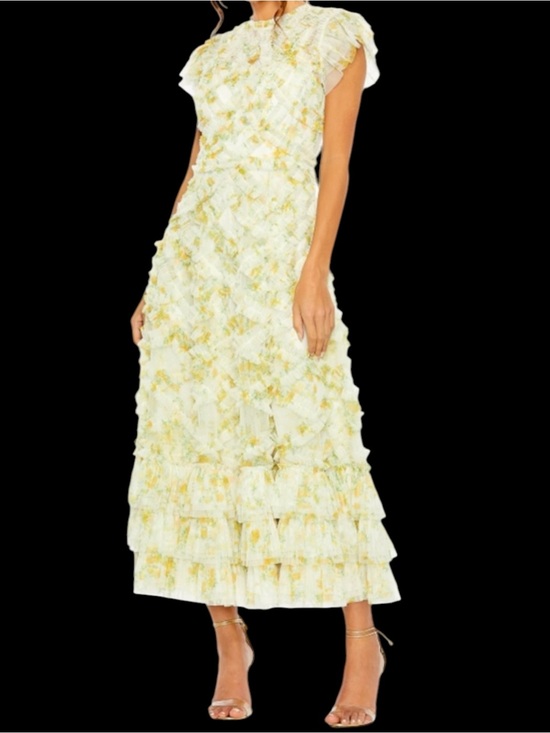 Mac Duggal Dresses & Skirts - Mac Duggal 8009 Yellow Floral Chiffon Tea Length Cap Sleeve Tiered Ruffle Dress